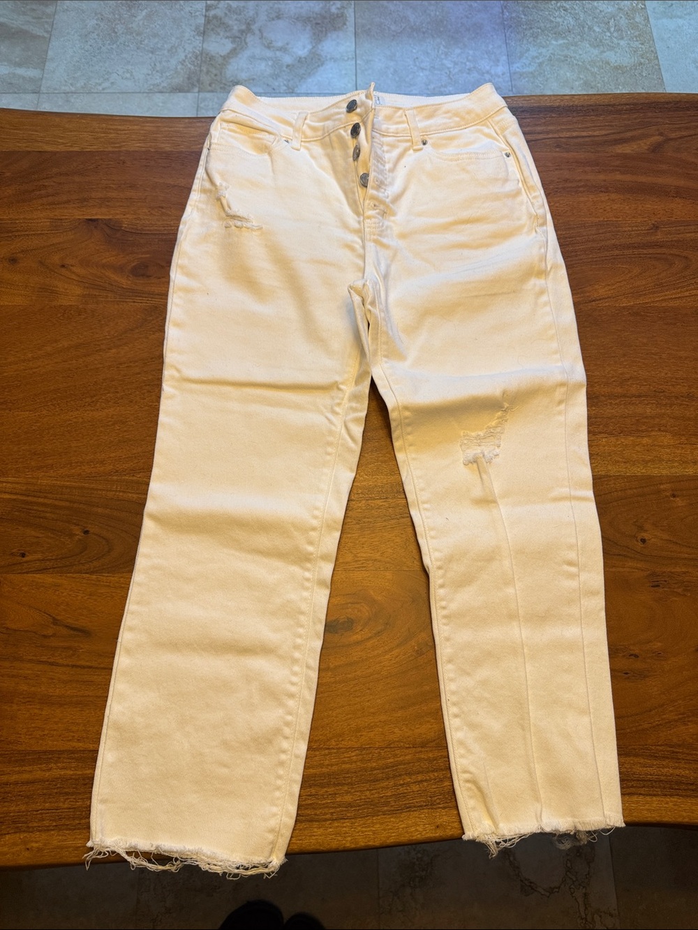 Time and Tru White High-Rise Straight Jeans with Distressed Detail